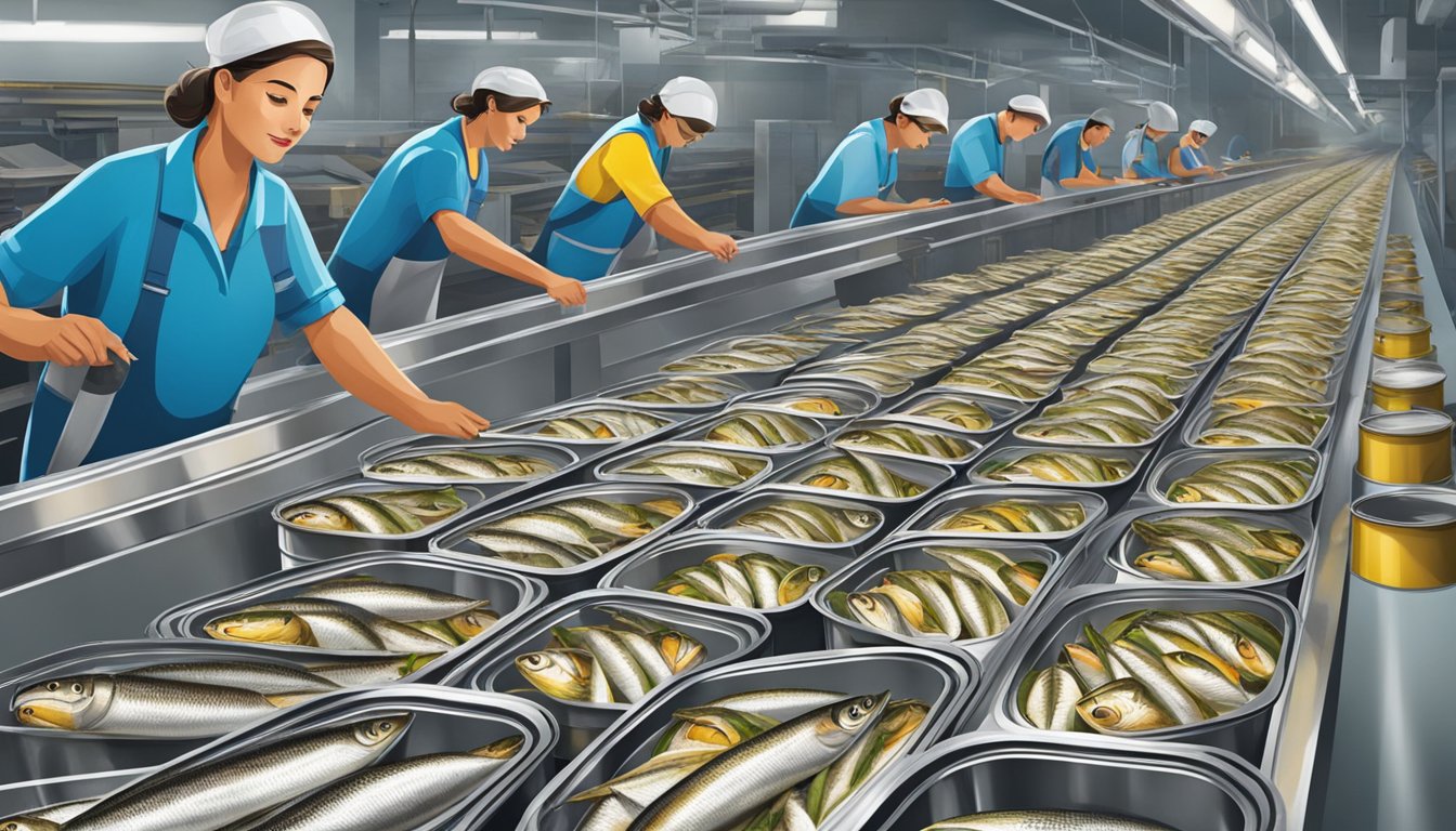 Sardines being sealed in tin cans on a conveyor belt in a factory