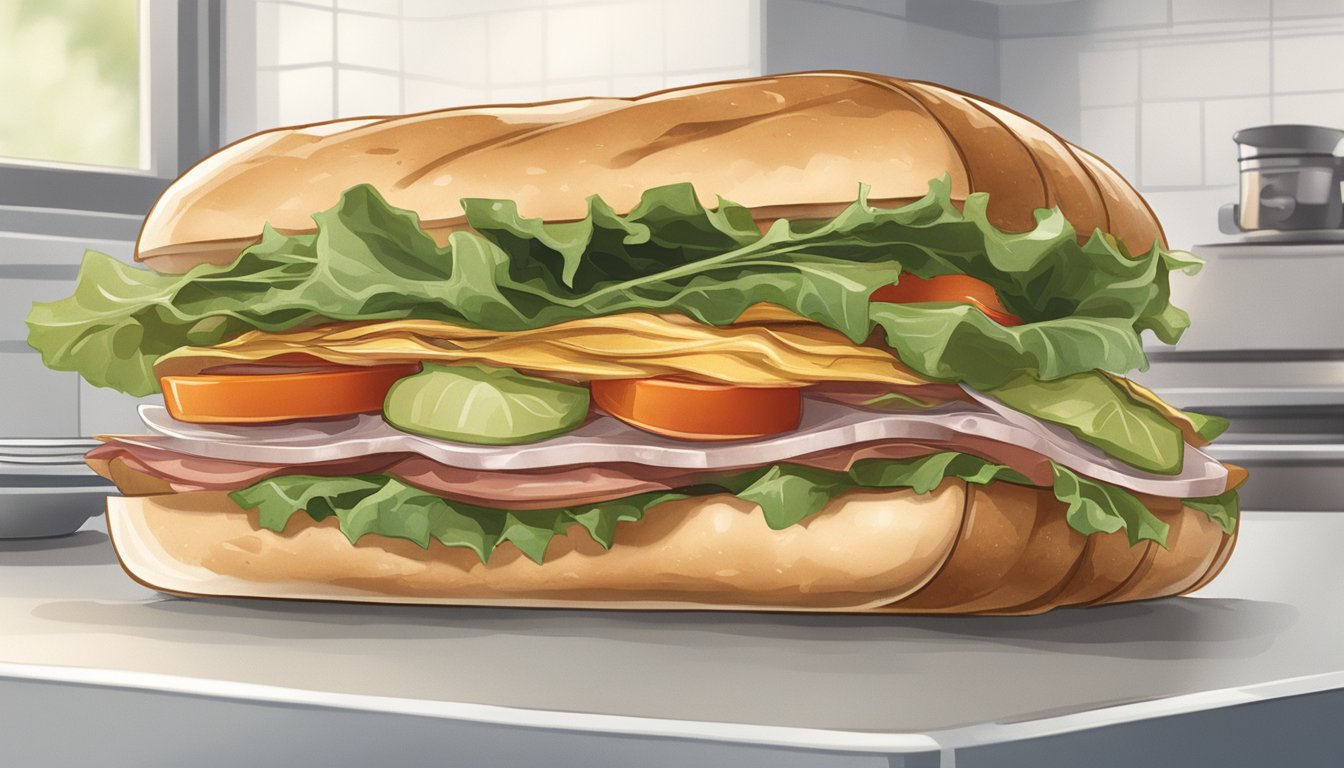 A sandwich sits on a kitchen counter, wrapped in plastic. The bread is slightly browned and the fillings are neatly stacked inside