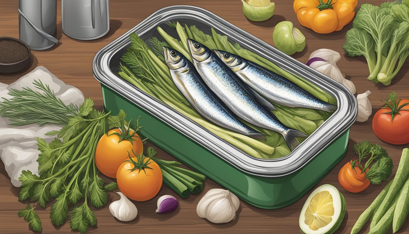 A tin of sardines sits on a kitchen counter, surrounded by various fresh vegetables and herbs. The label on the tin indicates the expiration date