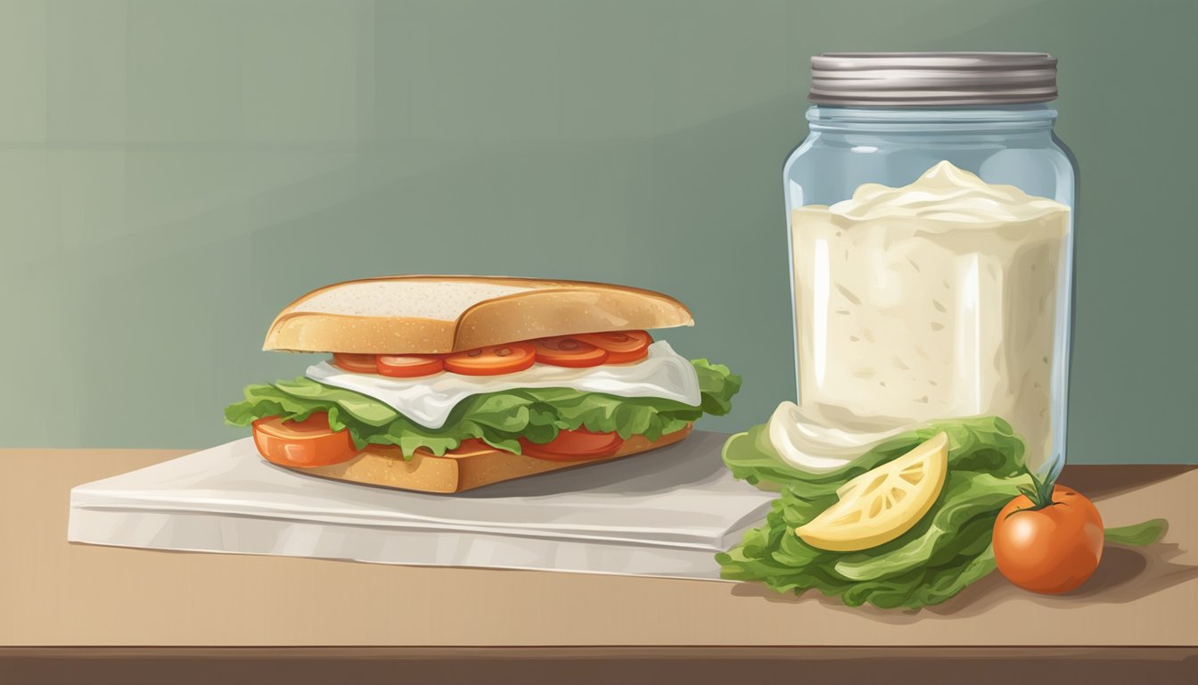 A sandwich sitting on a kitchen counter, wrapped in plastic wrap, next to a container of sliced vegetables and a jar of mayonnaise