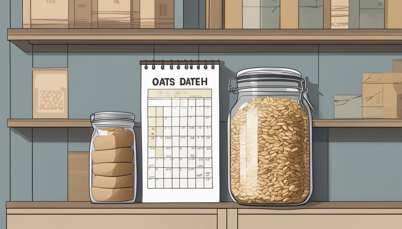 A pantry shelf with a clear glass jar filled with rolled oats, next to a calendar showing the current date and the date the oats were purchased