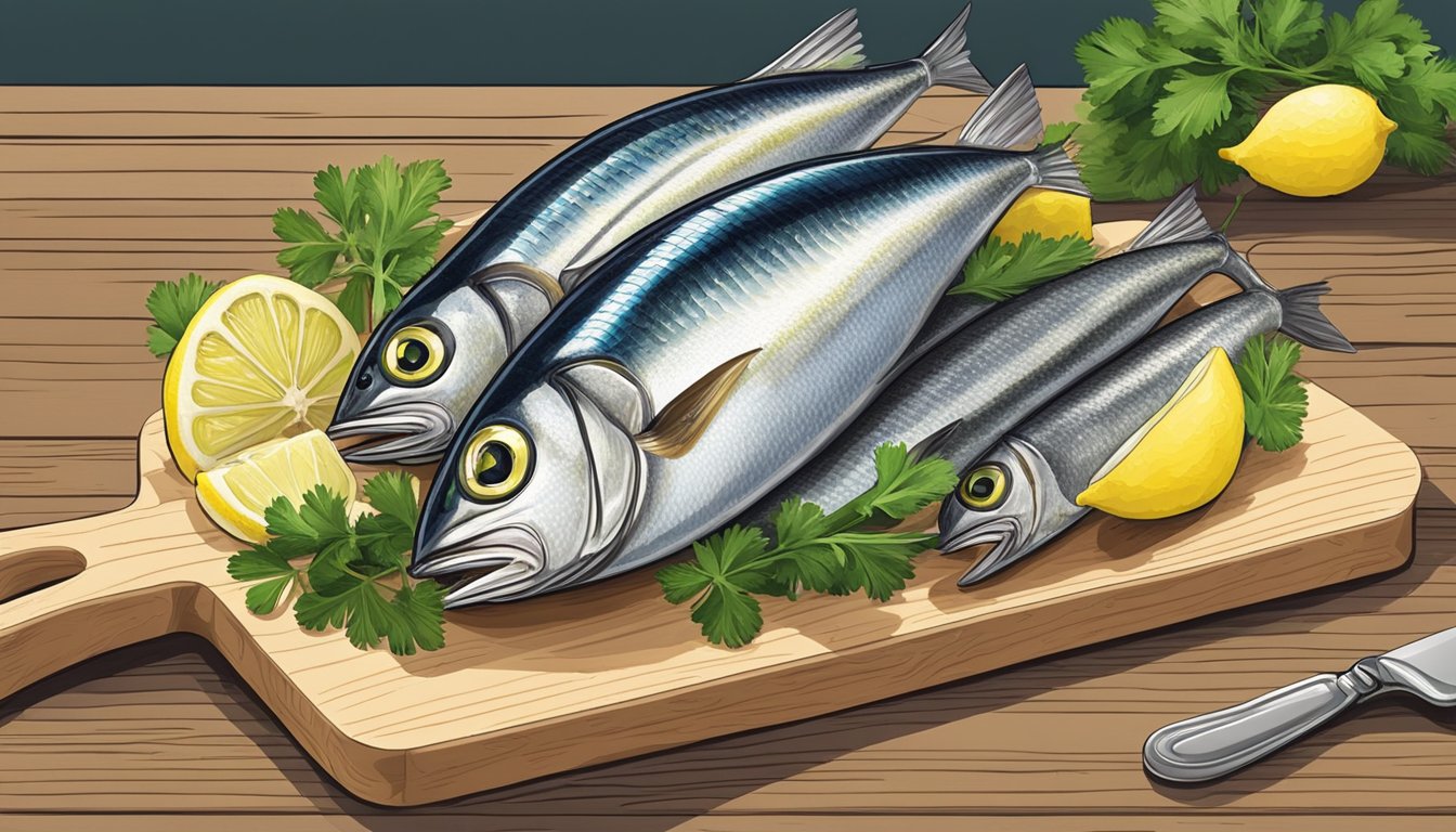 A can of sardines sits open on a wooden cutting board, surrounded by slices of lemon and sprigs of fresh parsley. A fork is poised to pick up a sardine