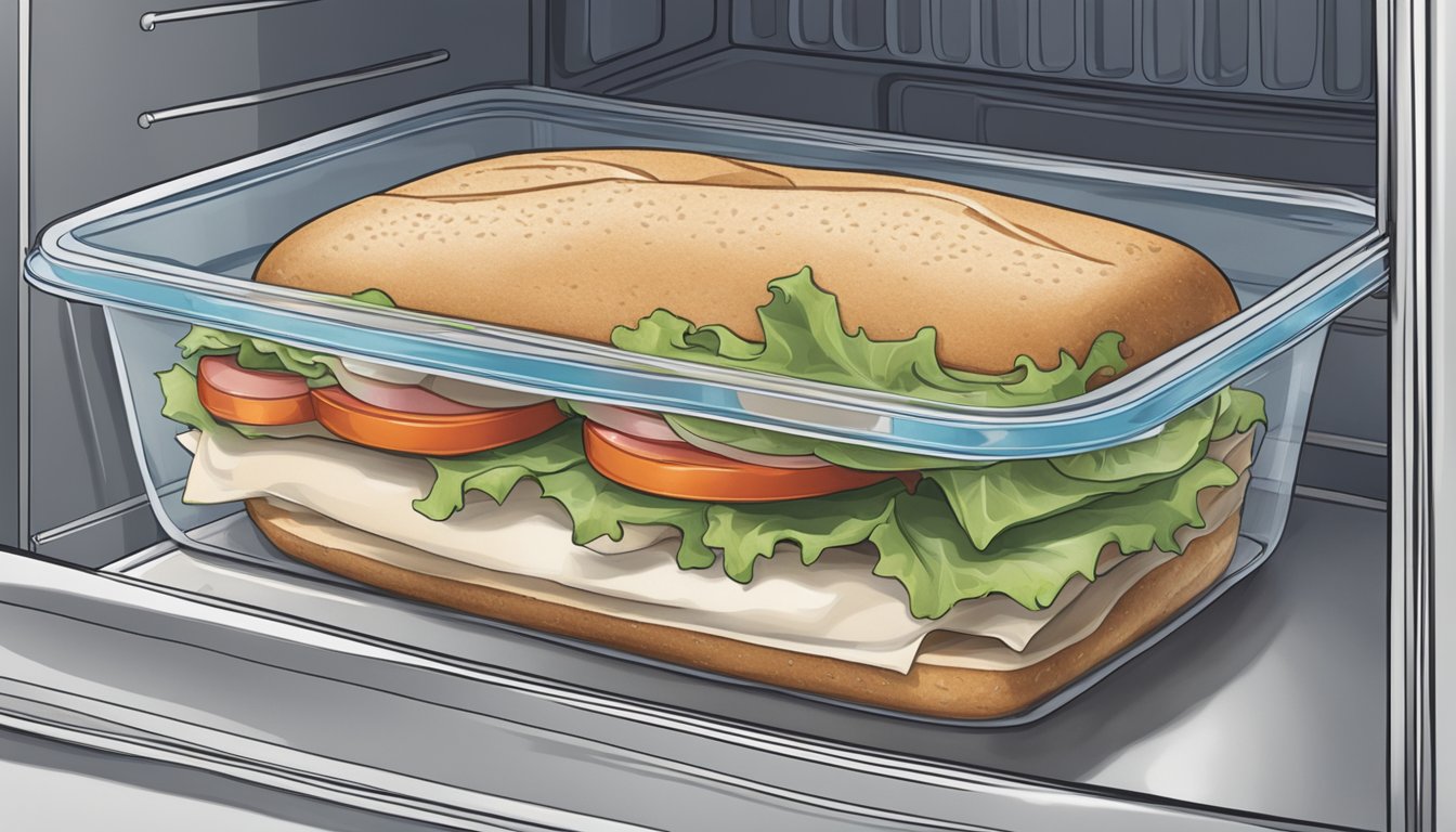 A sandwich sits in a sealed container in a refrigerator. The container is labeled with the date it was made