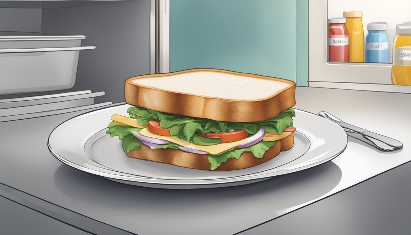 A sandwich sits on a clean, white plate with a clear expiration date label in the background. A refrigerator door is slightly ajar, revealing fresh ingredients inside