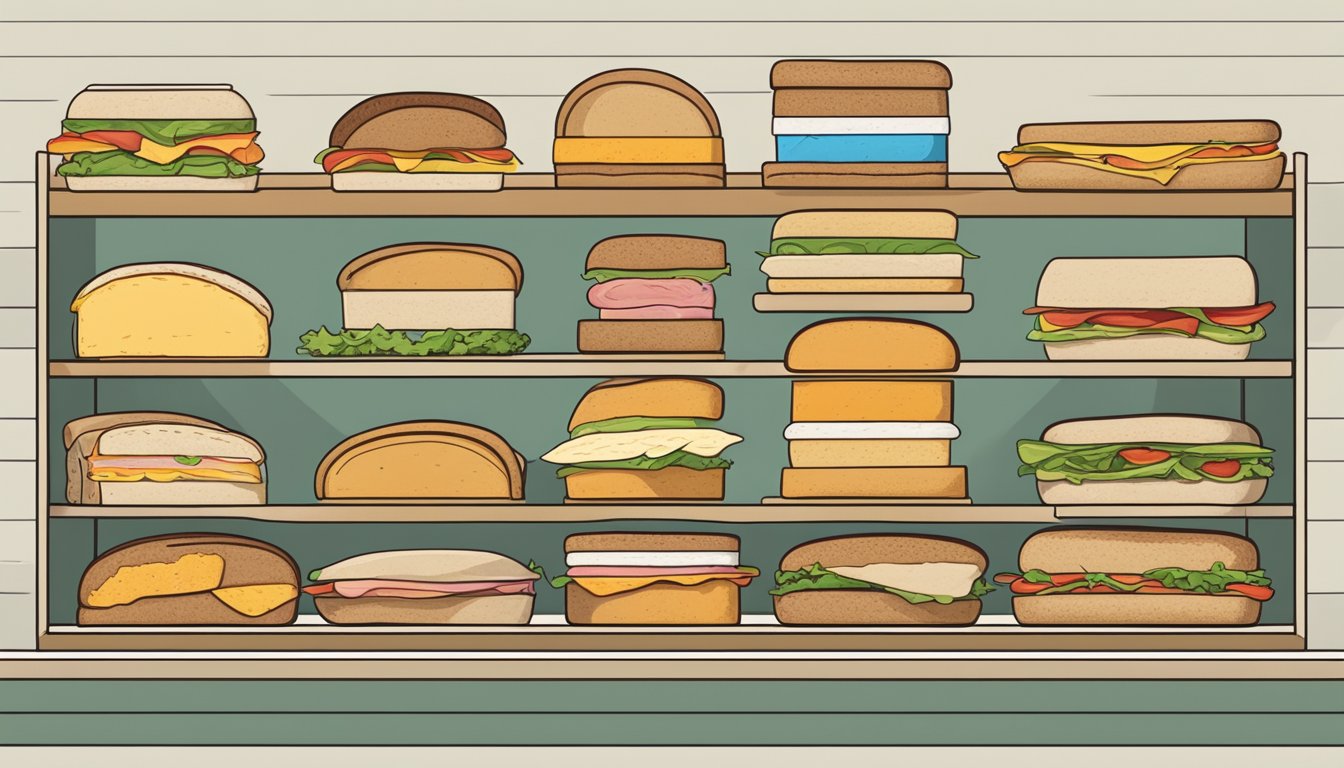 A variety of sandwiches arranged on a shelf, with labels indicating different types and their estimated shelf life