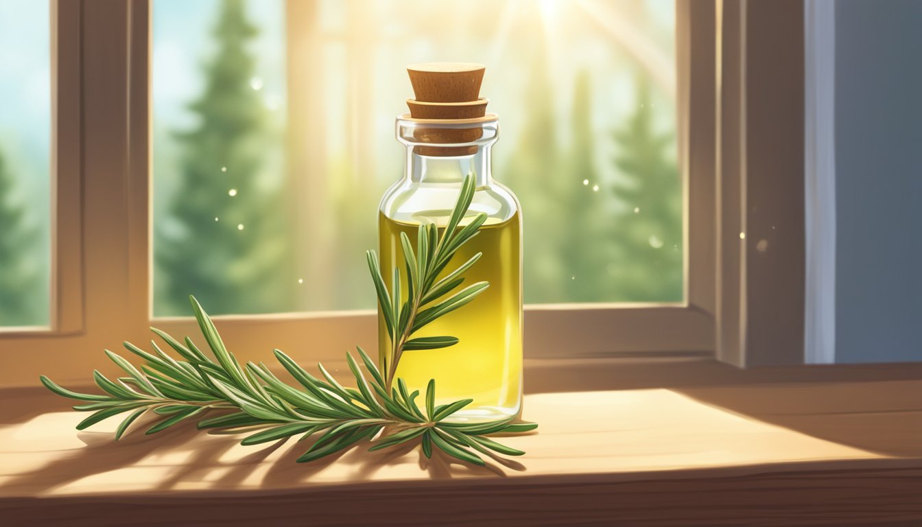 A small bottle of rosemary oil sits on a wooden shelf, surrounded by fresh rosemary sprigs. The sunlight filters through a nearby window, casting a warm glow on the scene