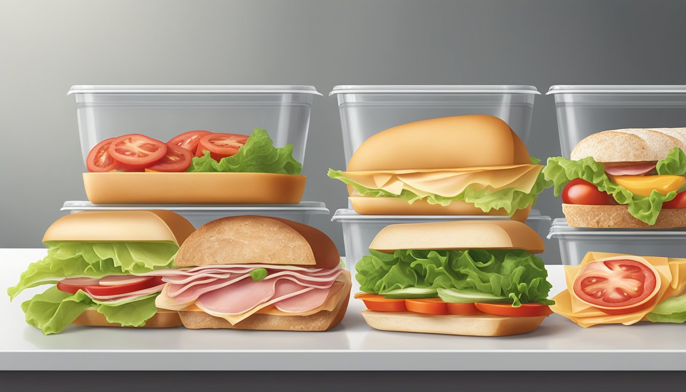 A variety of sandwiches neatly arranged in a row on a clean, white countertop, wrapped in plastic wrap or stored in airtight containers. Ingredients such as lettuce, tomatoes, and deli meats are visible