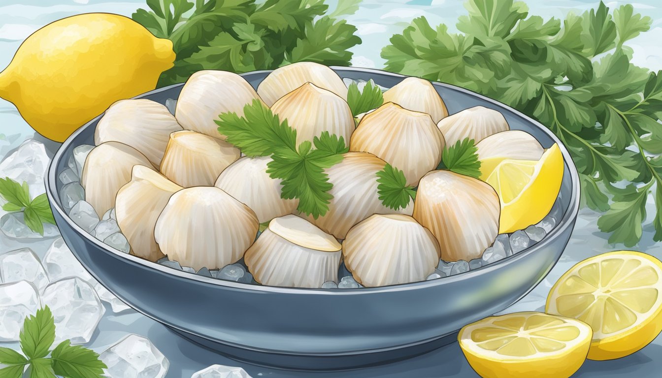 A bowl of fresh scallops on ice, surrounded by lemon wedges and herbs, with a calendar showing the current date in the background