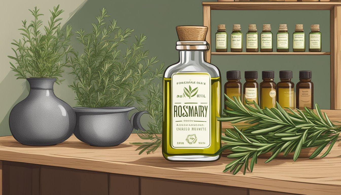 A bottle of rosemary oil sits on a wooden shelf, surrounded by other essential oils and herbs. The label indicates the expiration date