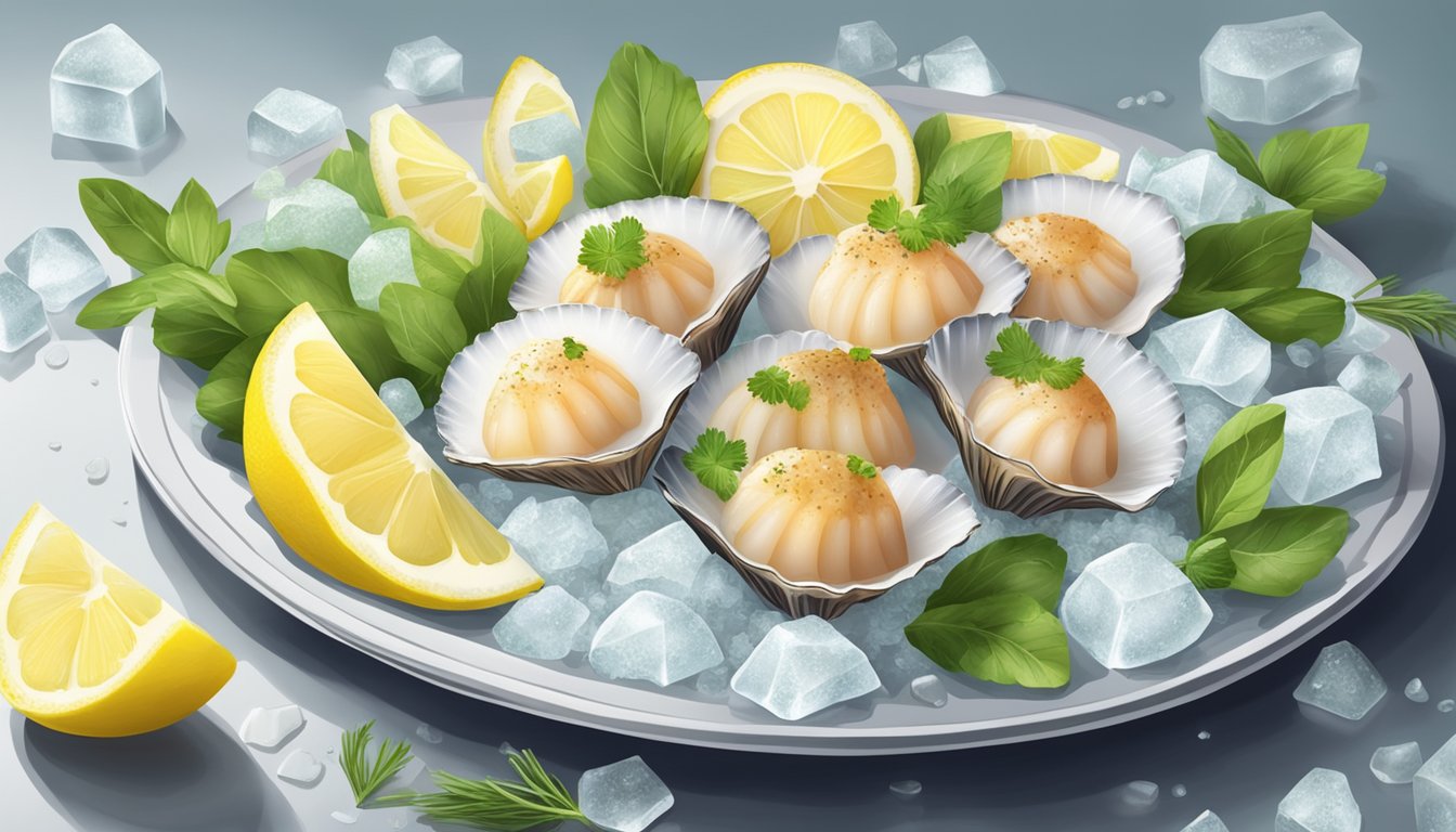 A plate of fresh, raw scallops sits on a bed of ice, surrounded by lemon wedges and garnished with fresh herbs