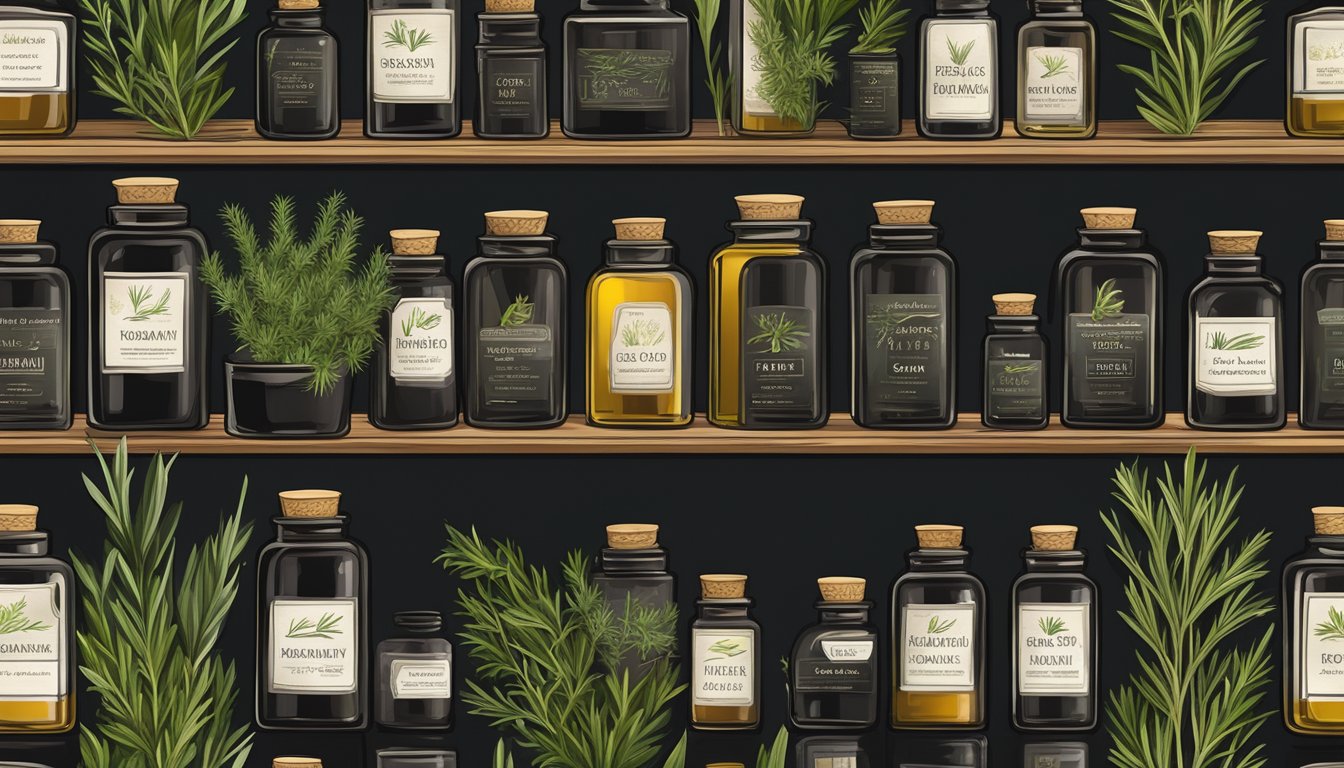 A small, dark glass bottle of rosemary oil is tightly sealed and stored in a cool, dark cabinet alongside other essential oils and herbs