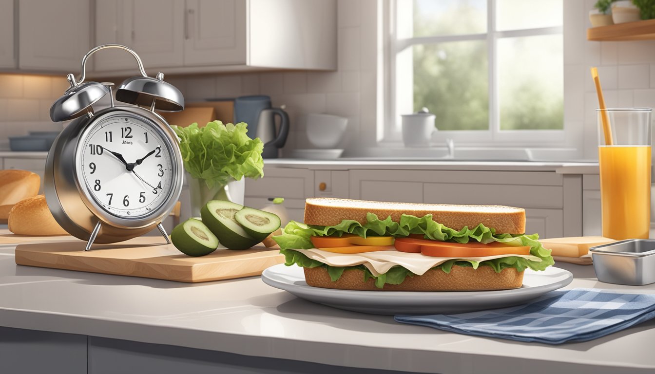 A sandwich sitting on a kitchen counter, surrounded by a clock, calendar, and expiration date label