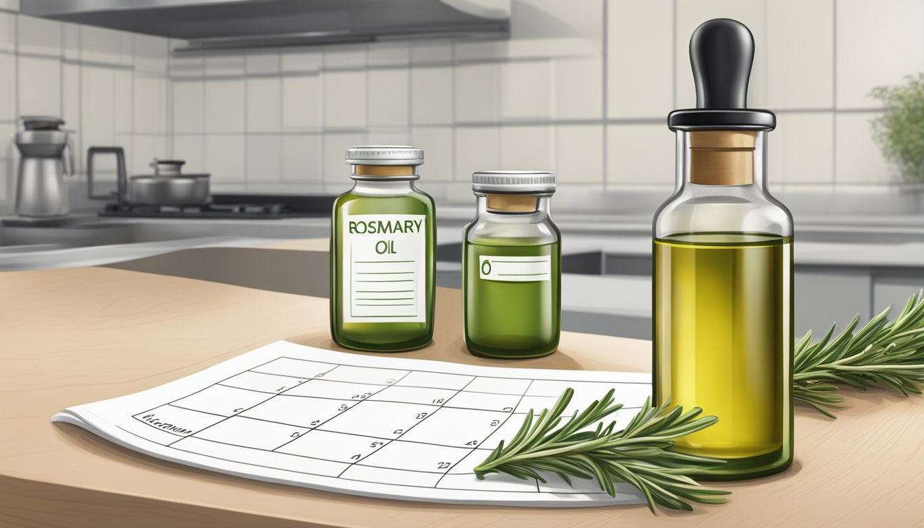 A bottle of rosemary oil sits on a kitchen counter, next to a calendar showing the current date and a label indicating the oil's expiration date