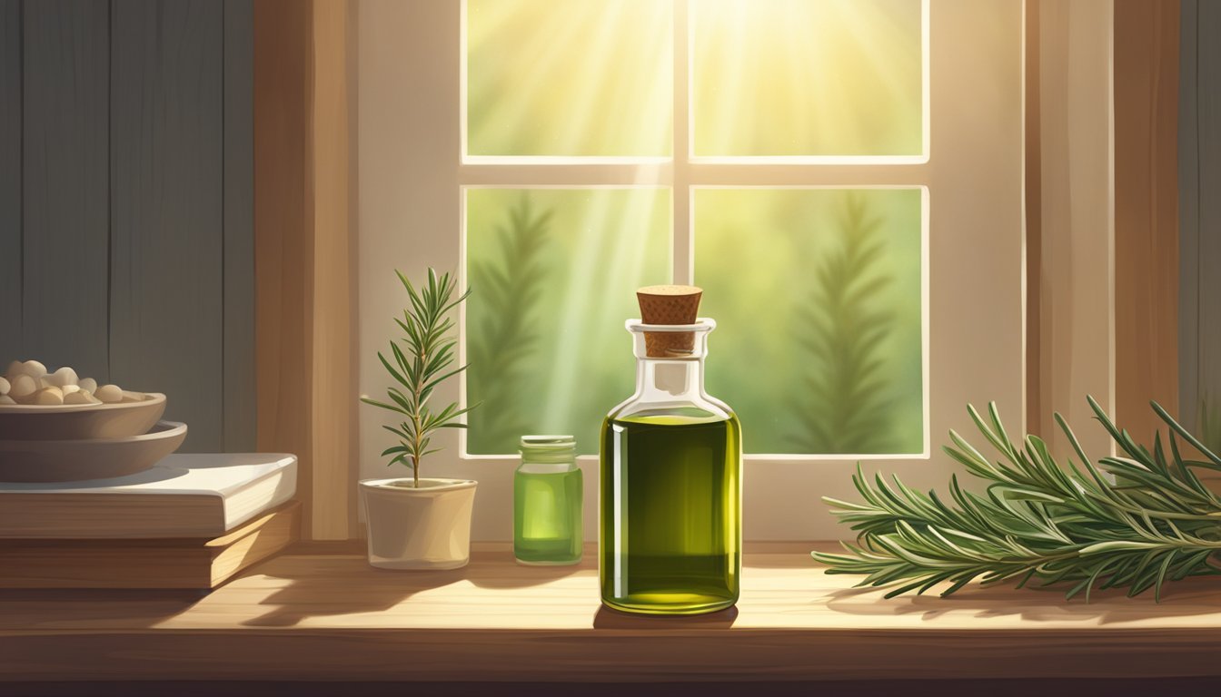 A small bottle of rosemary oil sits on a wooden shelf, surrounded by fresh rosemary sprigs. The sunlight filters through a nearby window, casting a warm glow on the scene