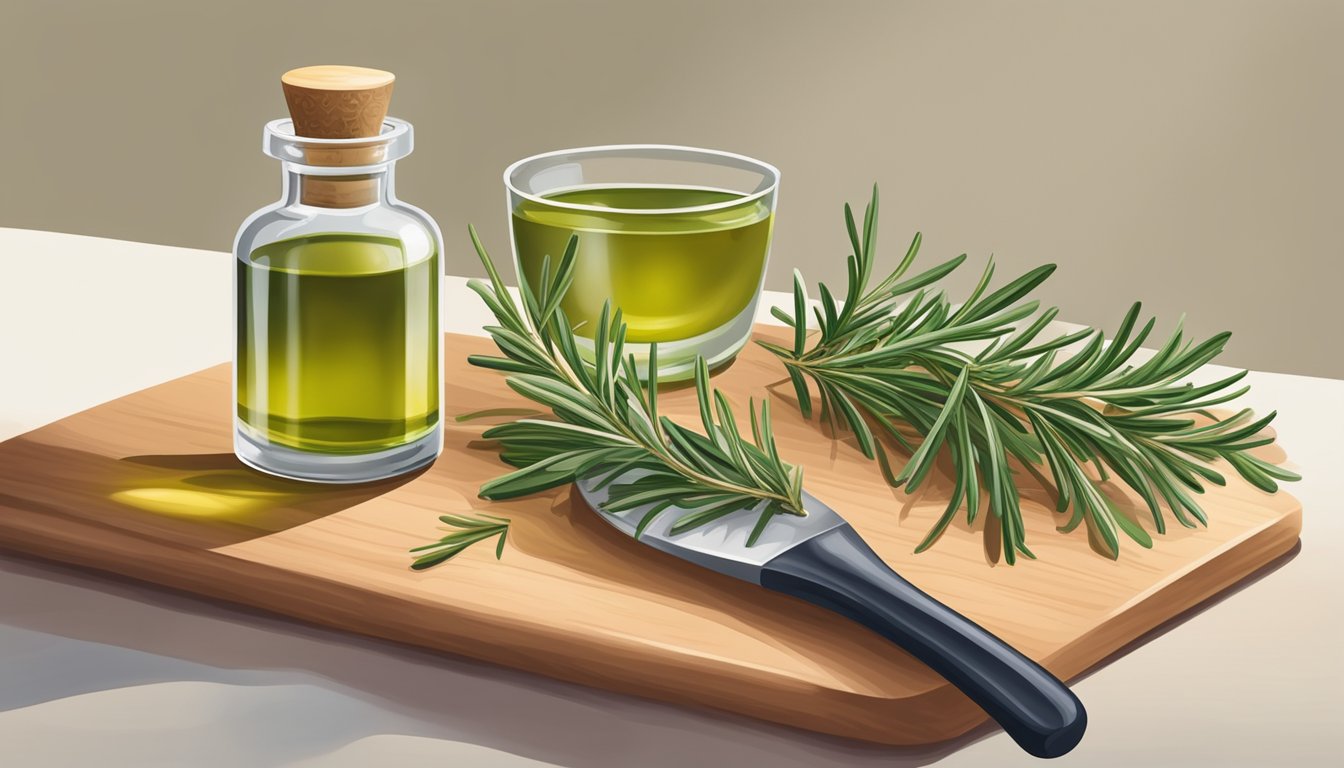 A small bottle of homemade rosemary oil sits on a kitchen counter, surrounded by fresh rosemary sprigs and a mortar and pestle