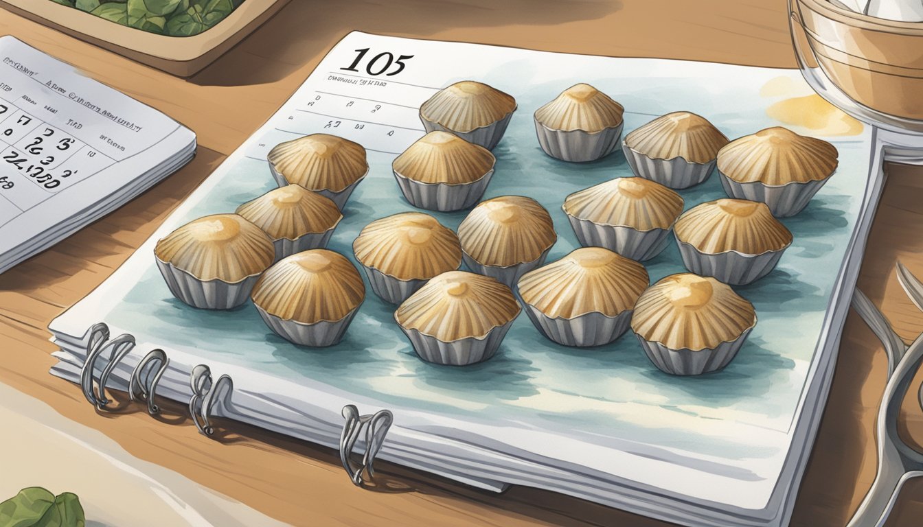 A pack of scallops sits on a kitchen counter, next to a calendar showing the current date. The scallops are starting to turn gray and emit a fishy odor