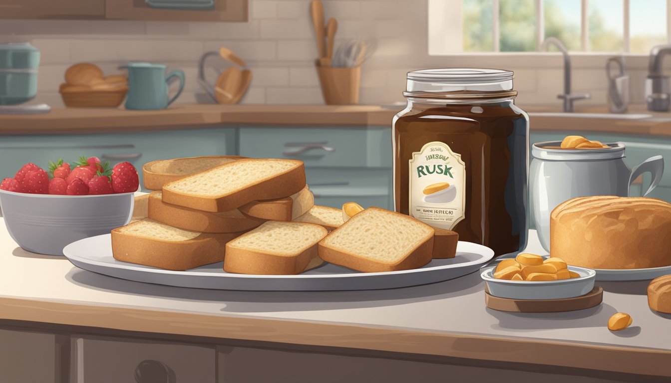 A package of rusk sits on a kitchen counter, surrounded by other baked goods and a jar of jam