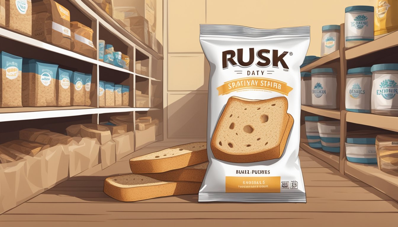 A package of rusk sits unopened on a pantry shelf, surrounded by other dry goods. The expiration date is visible on the packaging