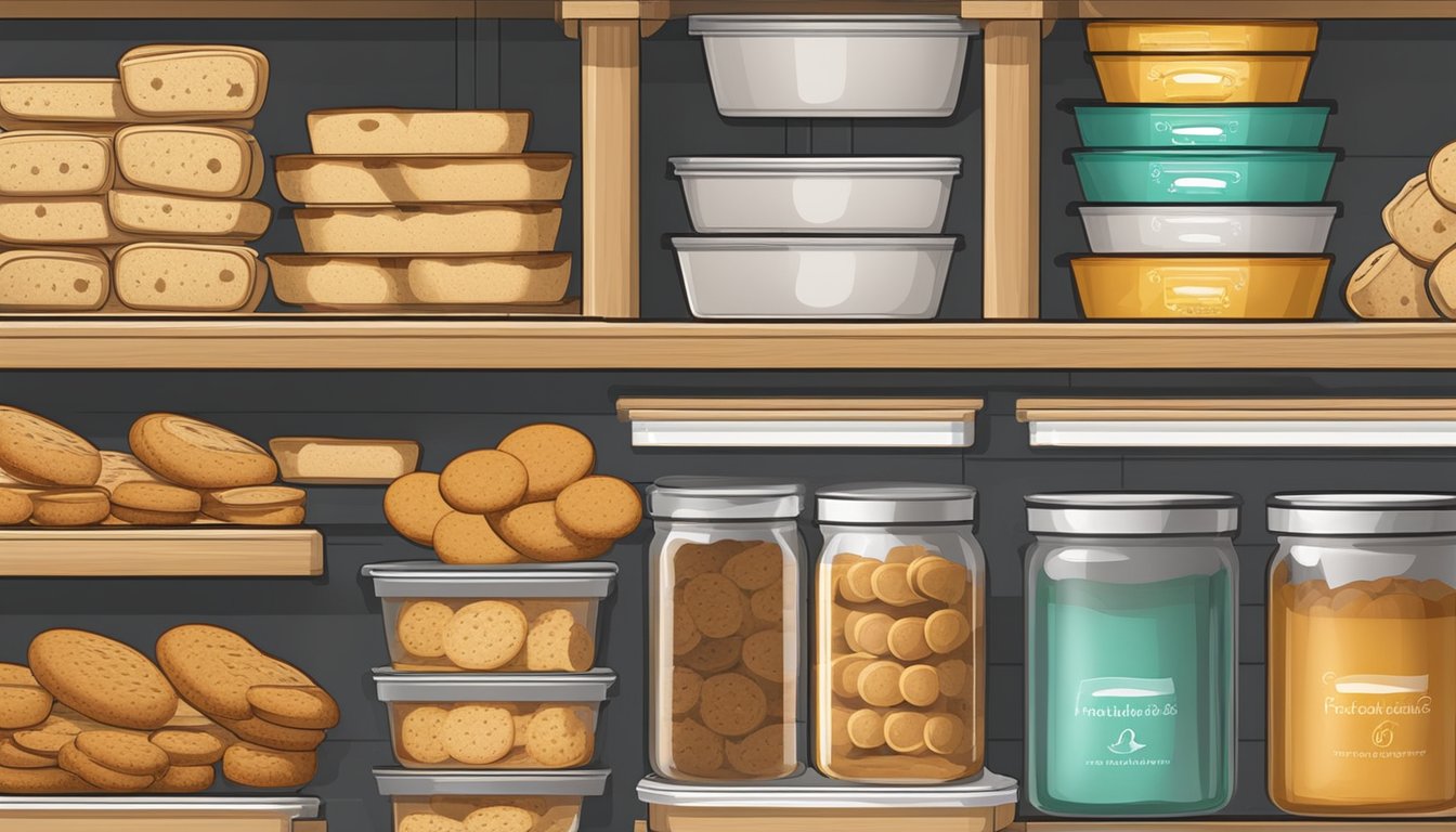 Airtight container on a pantry shelf, filled with neatly stacked rusks