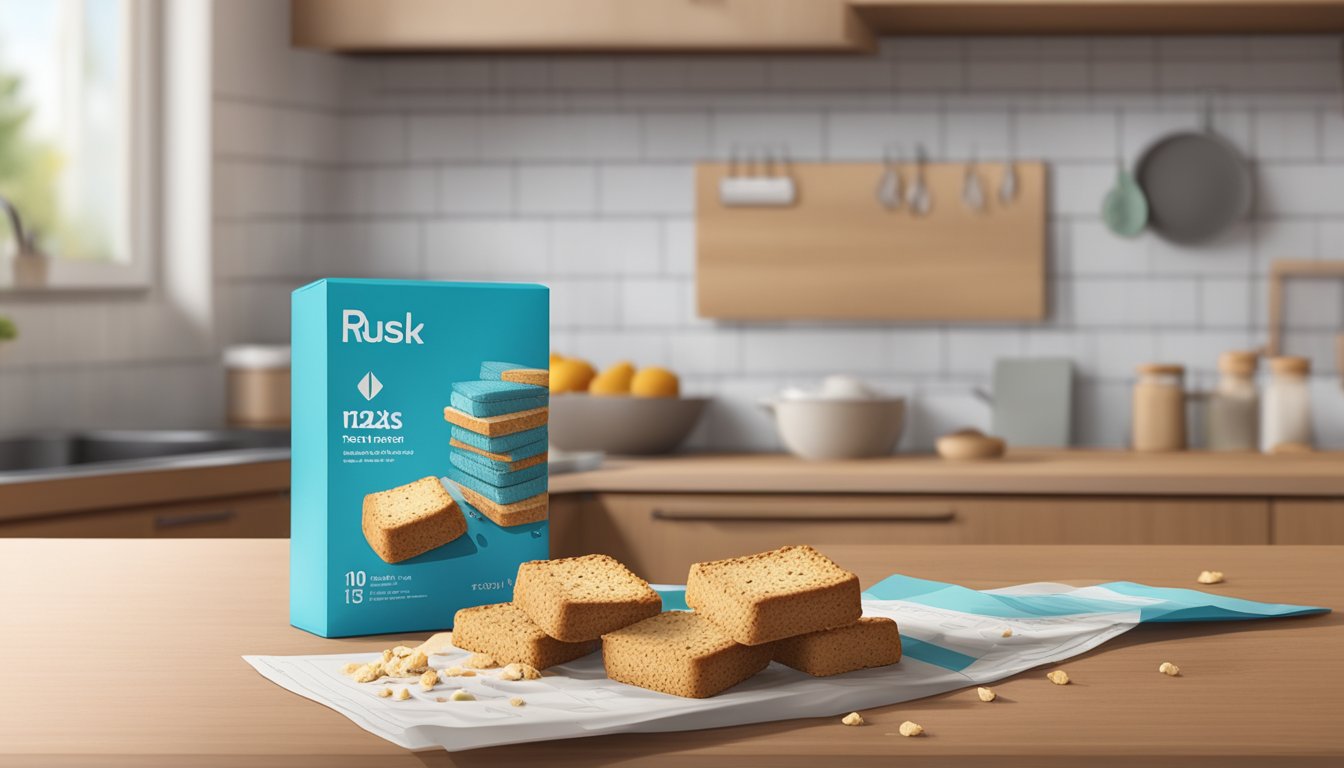 A stack of rusks on a kitchen counter, with an open package and a few scattered crumbs, next to a calendar showing the current date