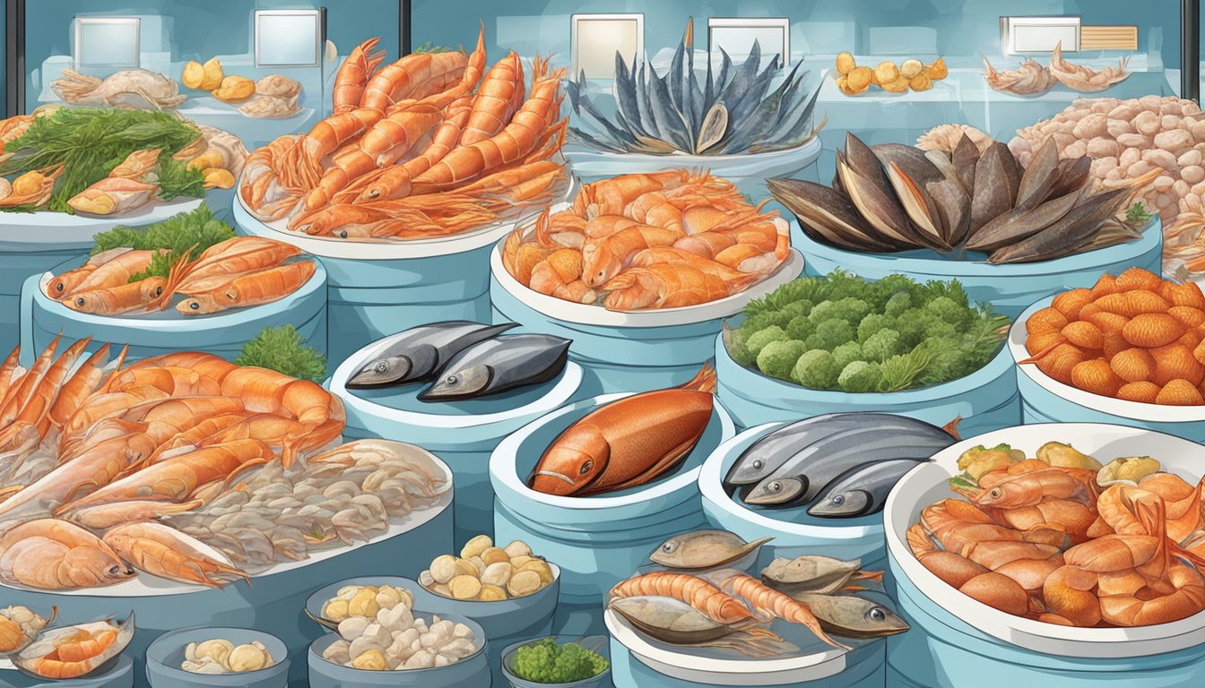 A variety of fresh and cooked seafood arranged on ice in a display case at a market