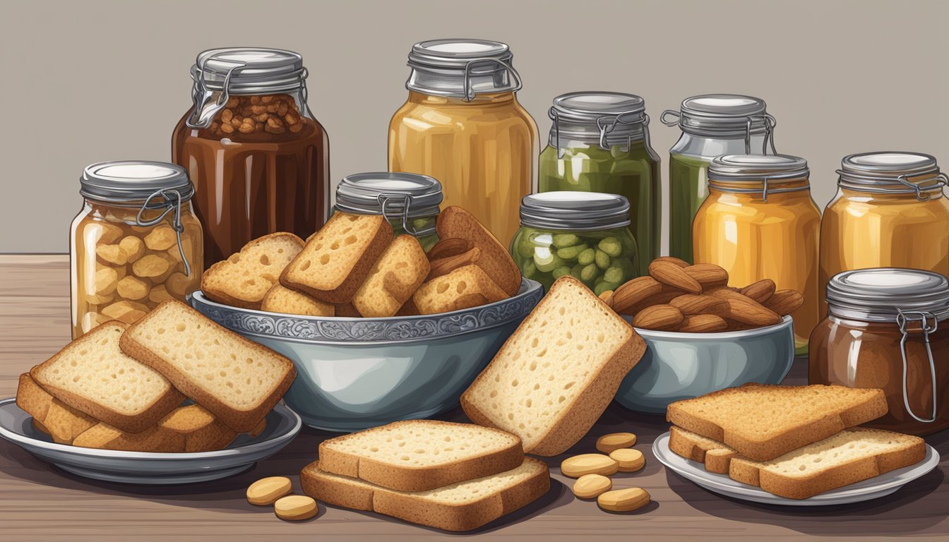 A table set with various types of rusk, from plain to flavored, displayed alongside jars of preserves and spreads