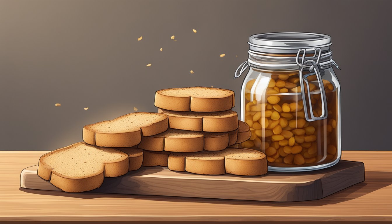 A stack of rusks arranged on a wooden cutting board, with a few scattered crumbs and a small jar of preserves nearby