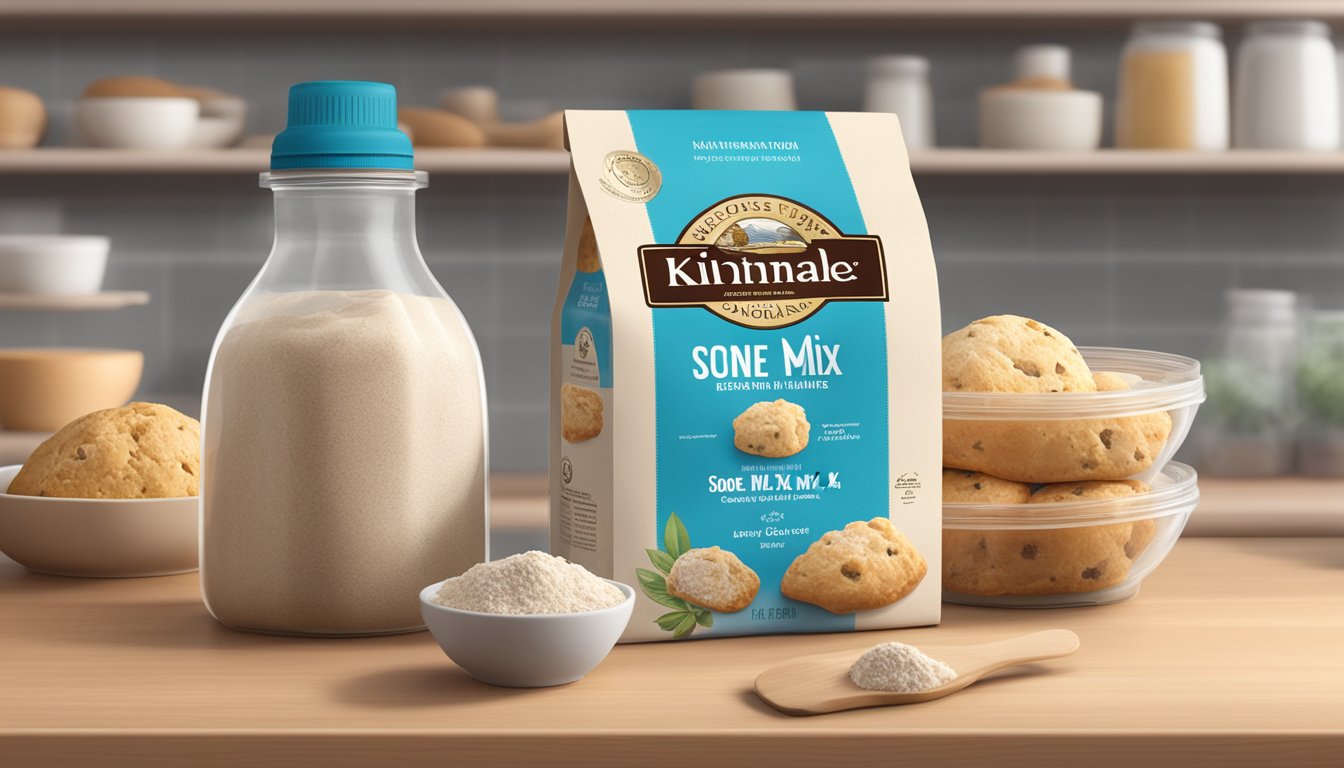 A sealed package of scone mix sits on a pantry shelf, surrounded by other baking ingredients. The expiration date is clearly visible on the packaging