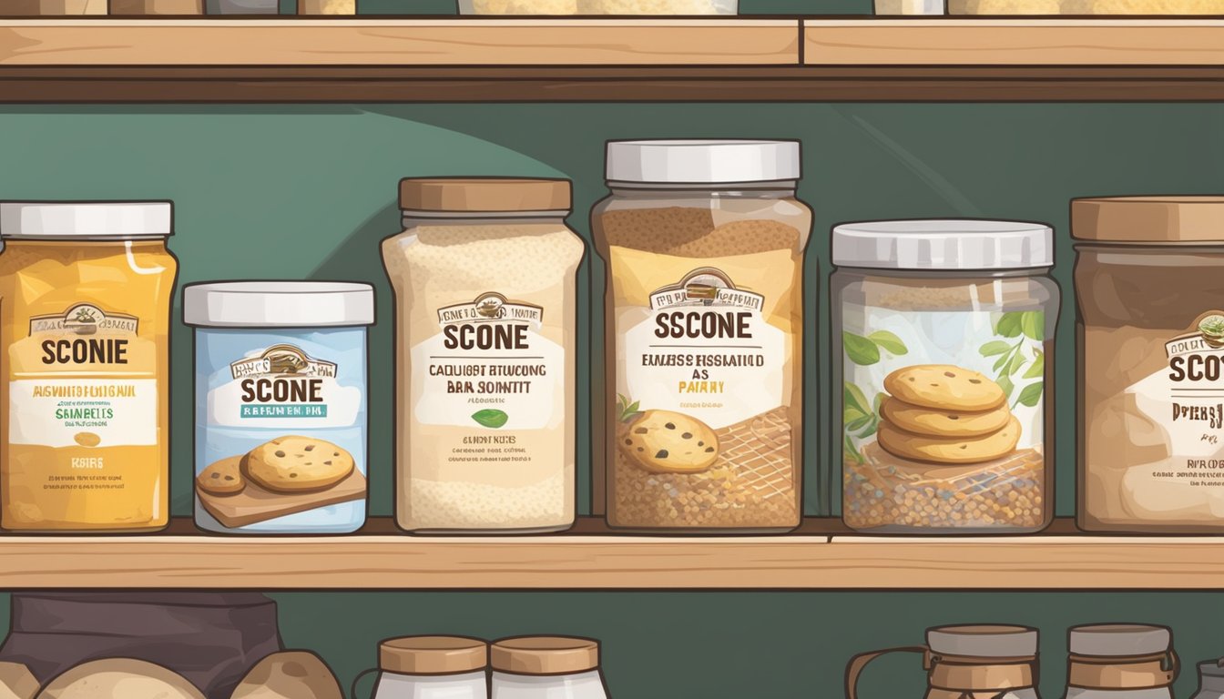 A sealed bag of scone mix sits on a pantry shelf, next to other baking supplies. The pantry is cool, dry, and free from direct sunlight