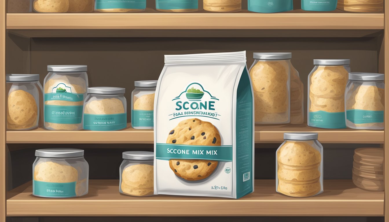 A bag of scone mix sealed in airtight packaging, placed on a shelf in a cool, dry pantry