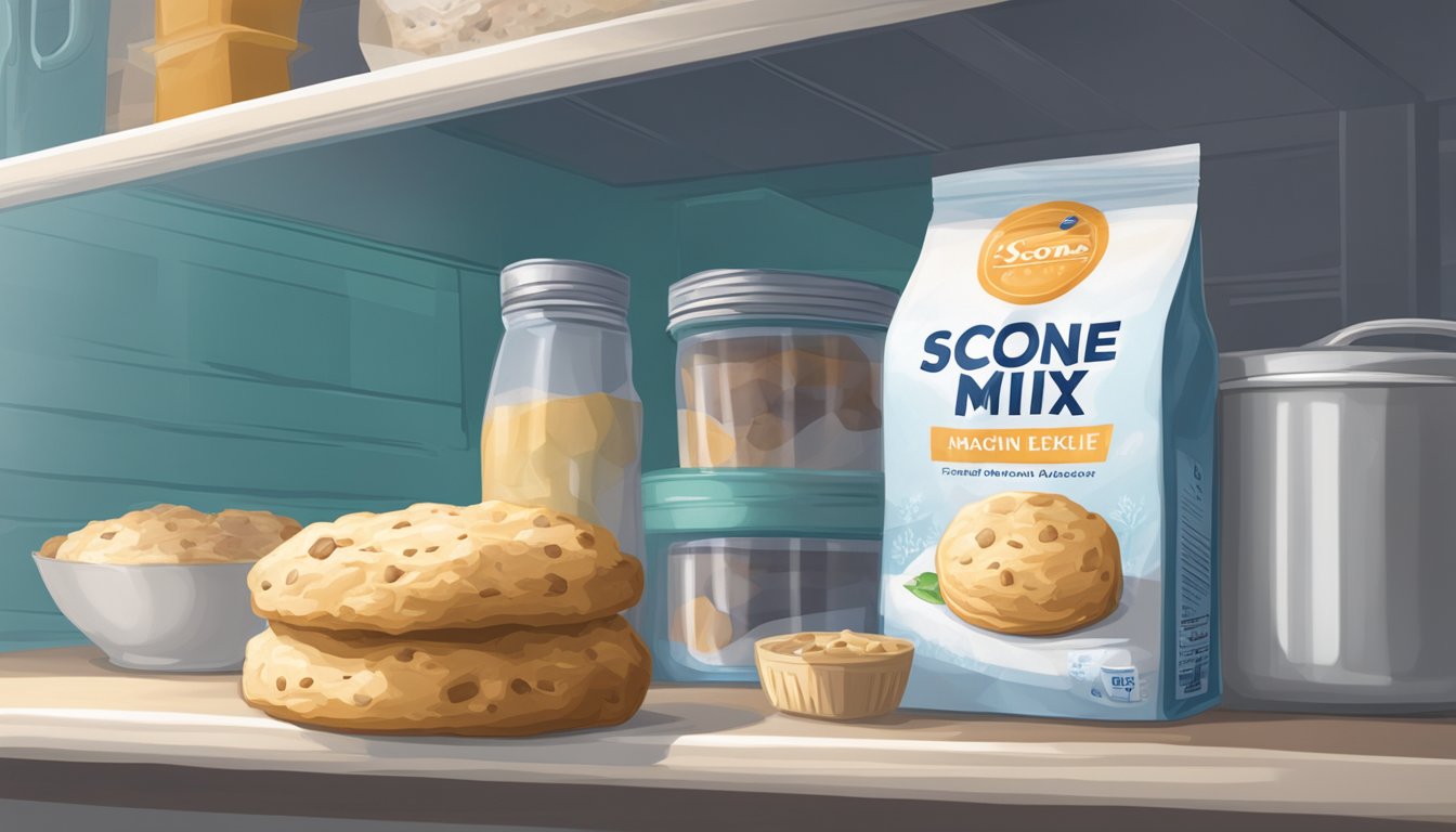 A bag of scone mix sits on a shelf in a refrigerator next to a thermometer. The freezer door is slightly ajar, with frost forming on the edges