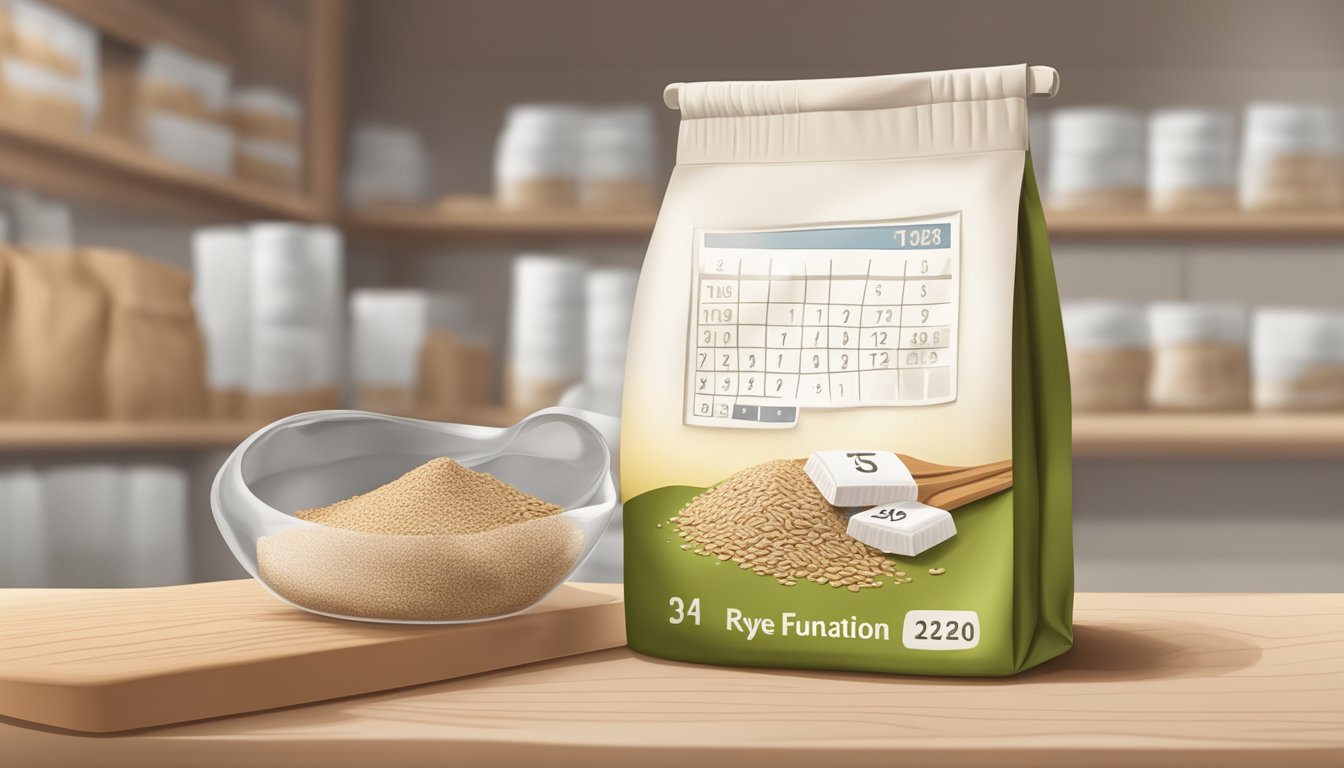 A bag of rye flour sits on a shelf, next to a calendar showing the current date and an expiration date several months in the future