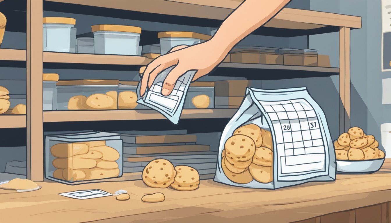 A bag of scone mix sits on a pantry shelf, next to a calendar showing the current date. A hand reaches for the bag