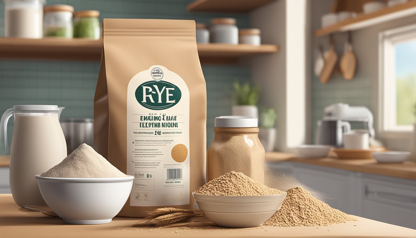 A bag of rye flour sits on a kitchen shelf, next to other baking ingredients. The expiration date is clearly visible on the packaging