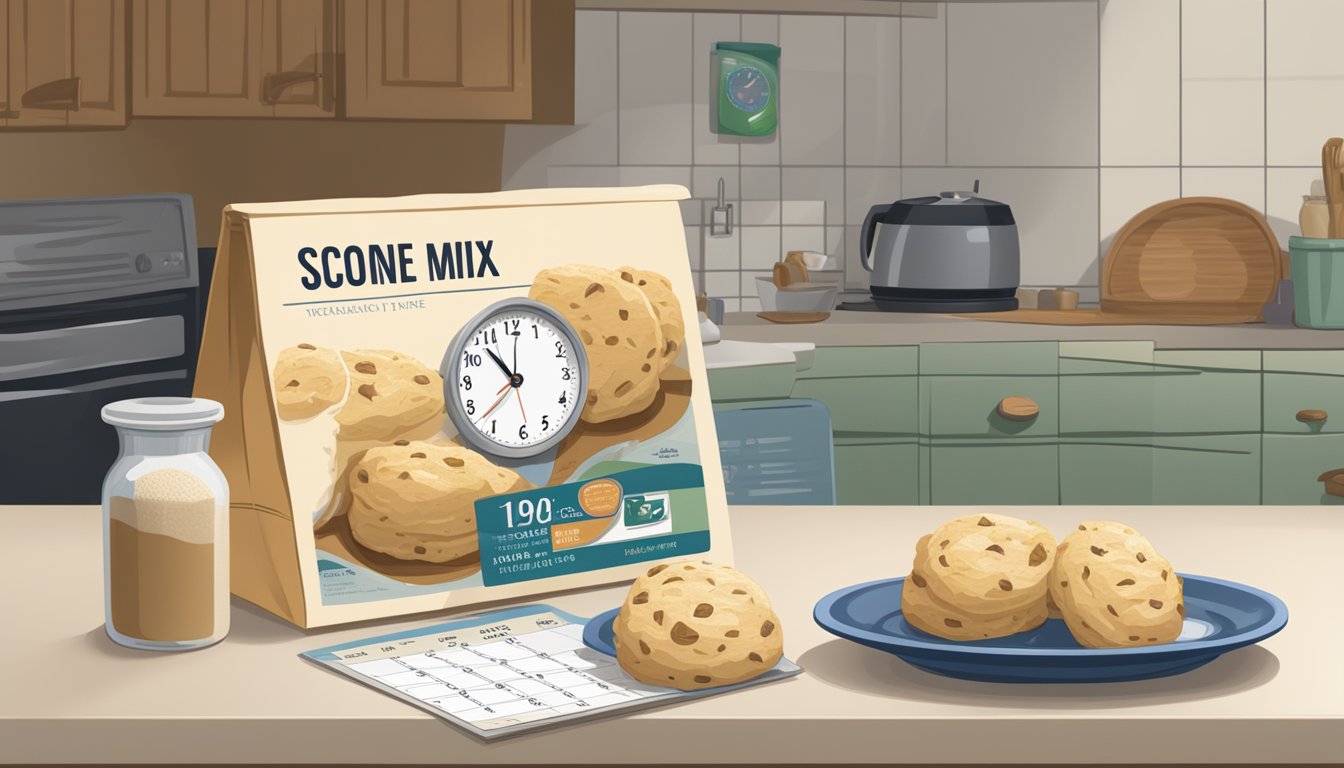 A bag of scone mix sits on a kitchen counter, surrounded by a calendar showing the current date and a clock indicating the time