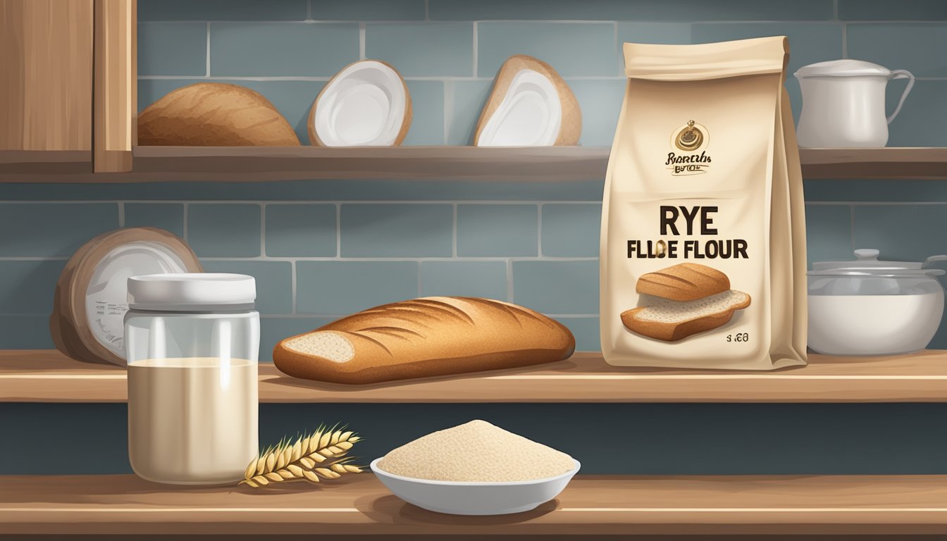 A bag of rye flour sits on a kitchen shelf, with a visible expiration date. Nearby, a loaf of bread is covered in mold