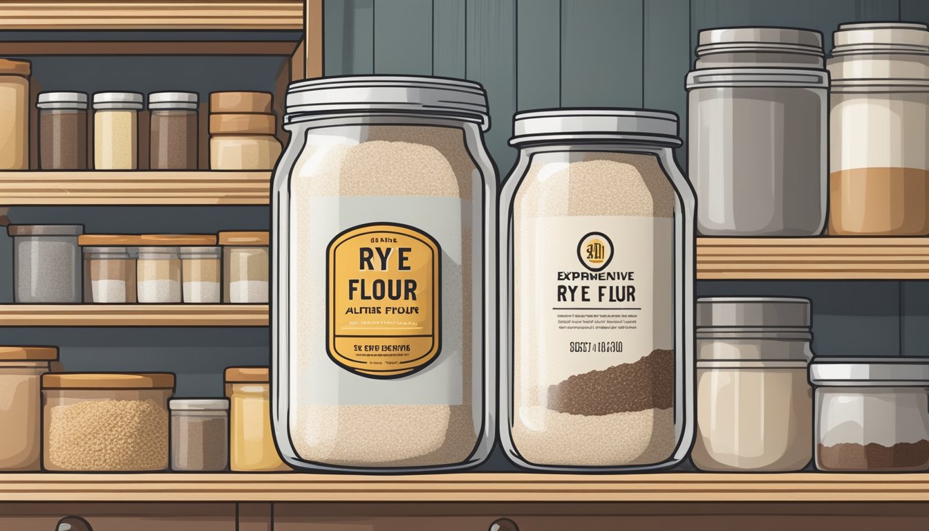 A jar of rye flour sits on a kitchen shelf, surrounded by other alternative flours and replacements. The label on the jar indicates the expiration date