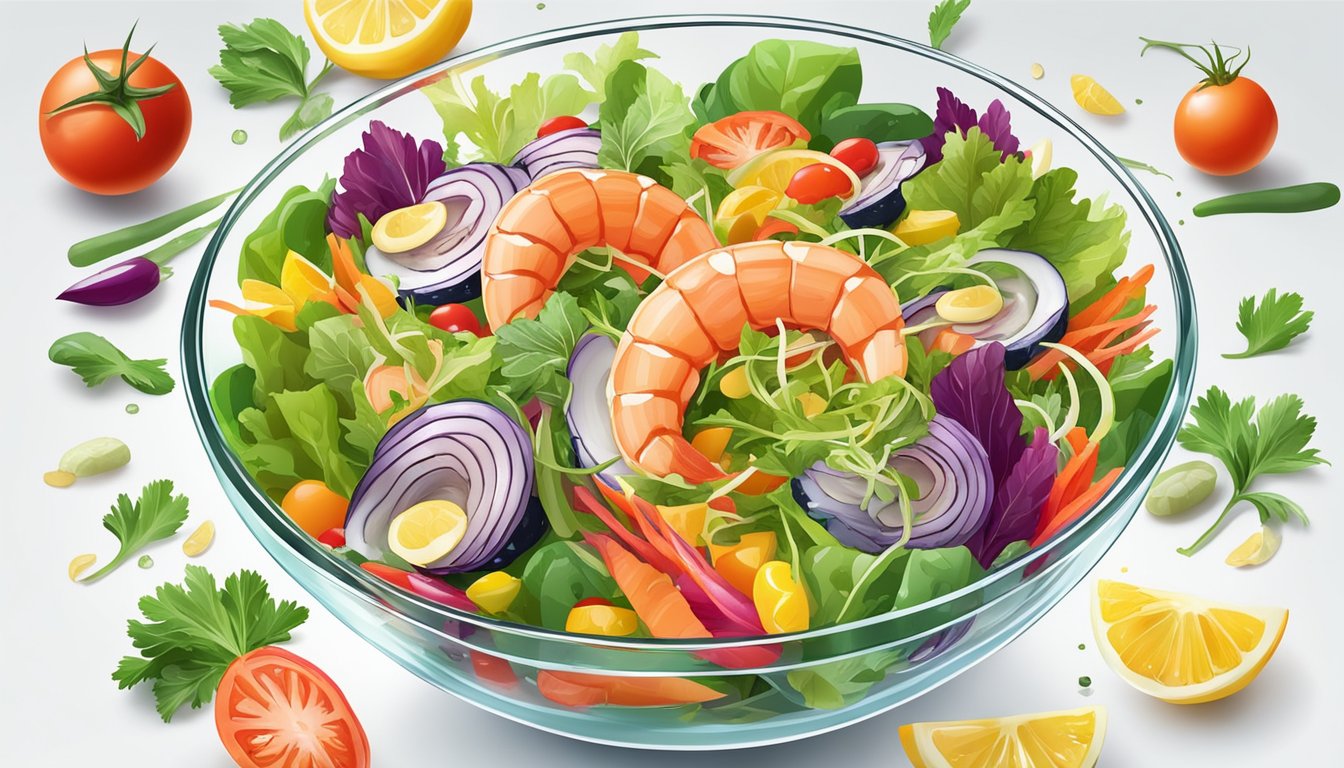 A colorful seafood salad sits in a clear glass bowl on a white table, surrounded by vibrant vegetables and drizzled with a tangy dressing