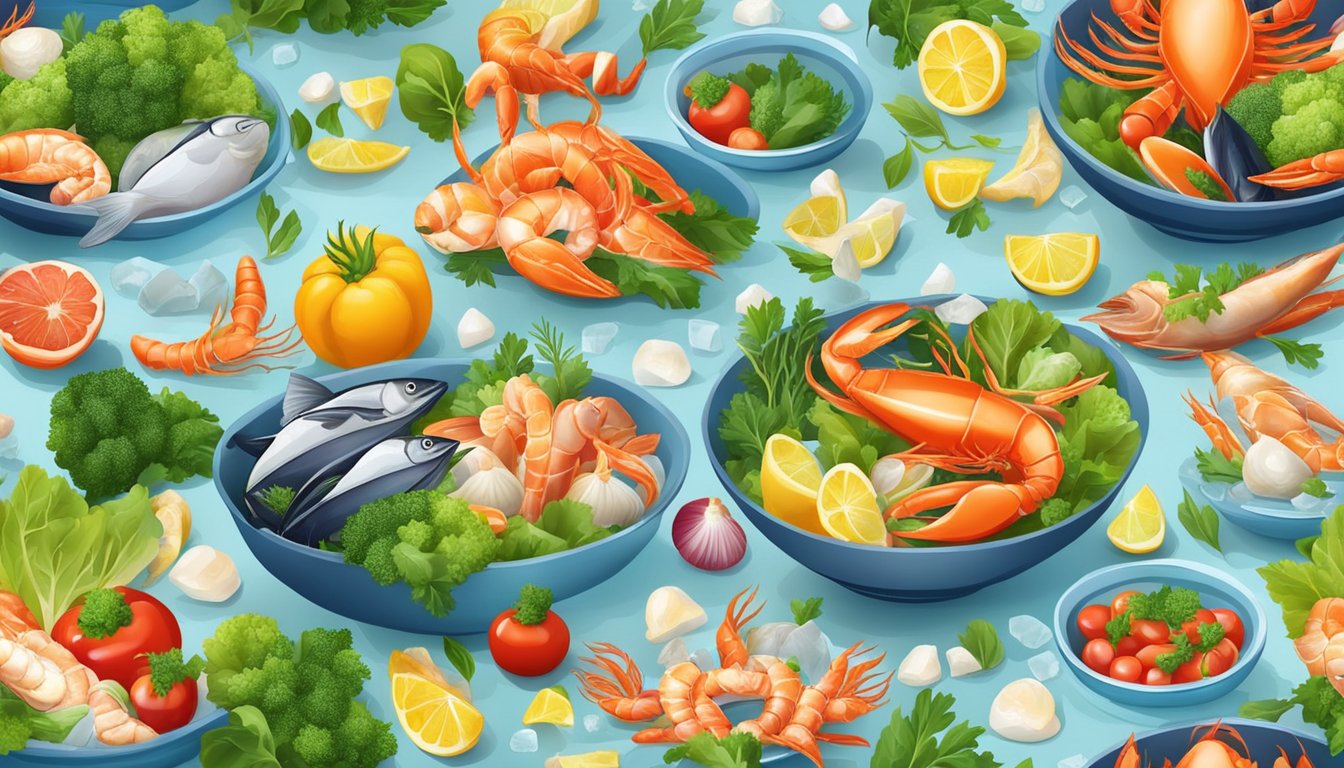 A colorful array of fresh seafood and vibrant vegetables arranged in a bowl, surrounded by ice to maintain freshness