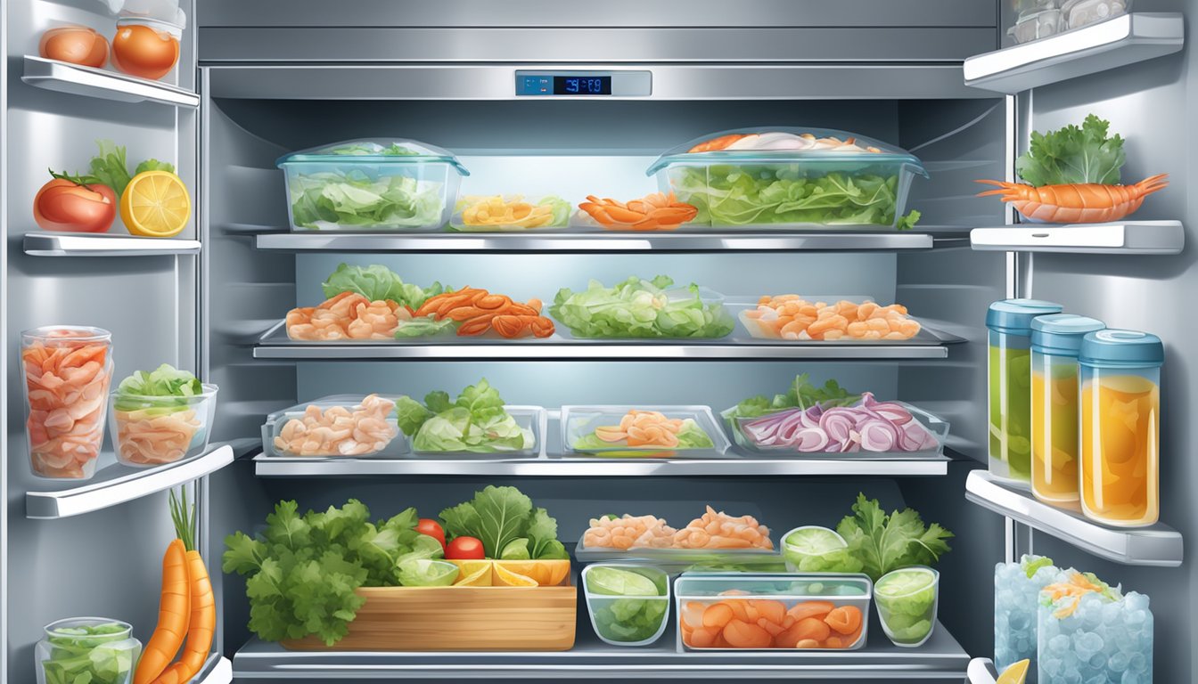 A refrigerator with shelves of neatly stacked containers of seafood salads, surrounded by ice packs and temperature gauges