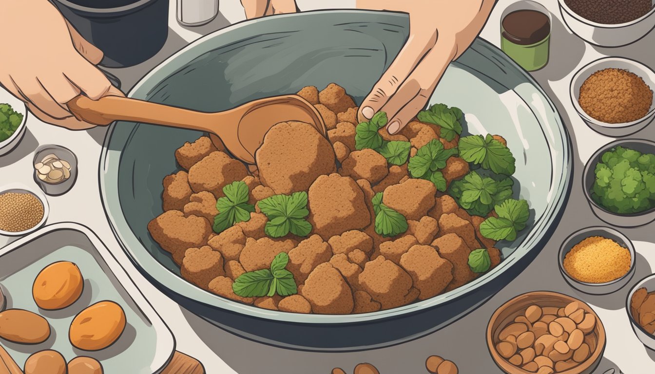 A bowl of seitan mix sits on a kitchen counter, surrounded by various ingredients and utensils. The mix is being combined and kneaded by a pair of hands