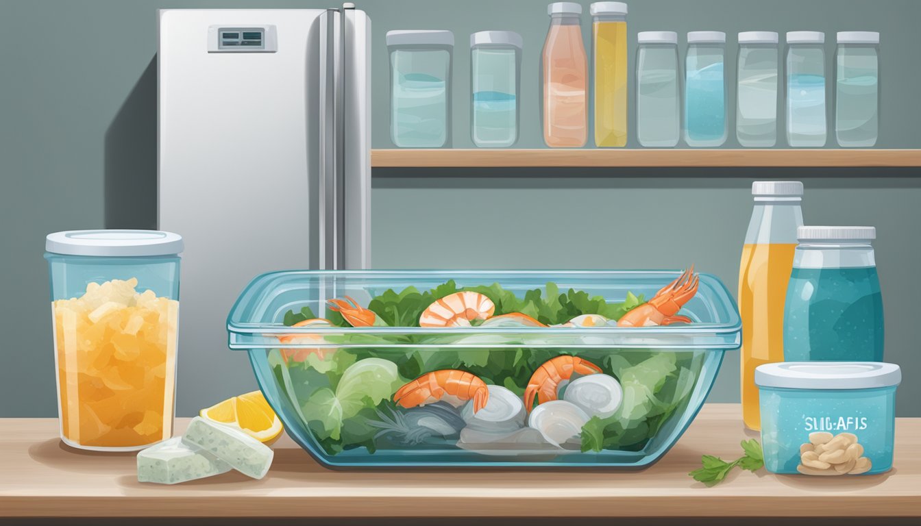 A glass bowl of seafood salad sits on a refrigerator shelf, surrounded by ice packs and sealed containers. A calendar on the wall marks the date of preparation