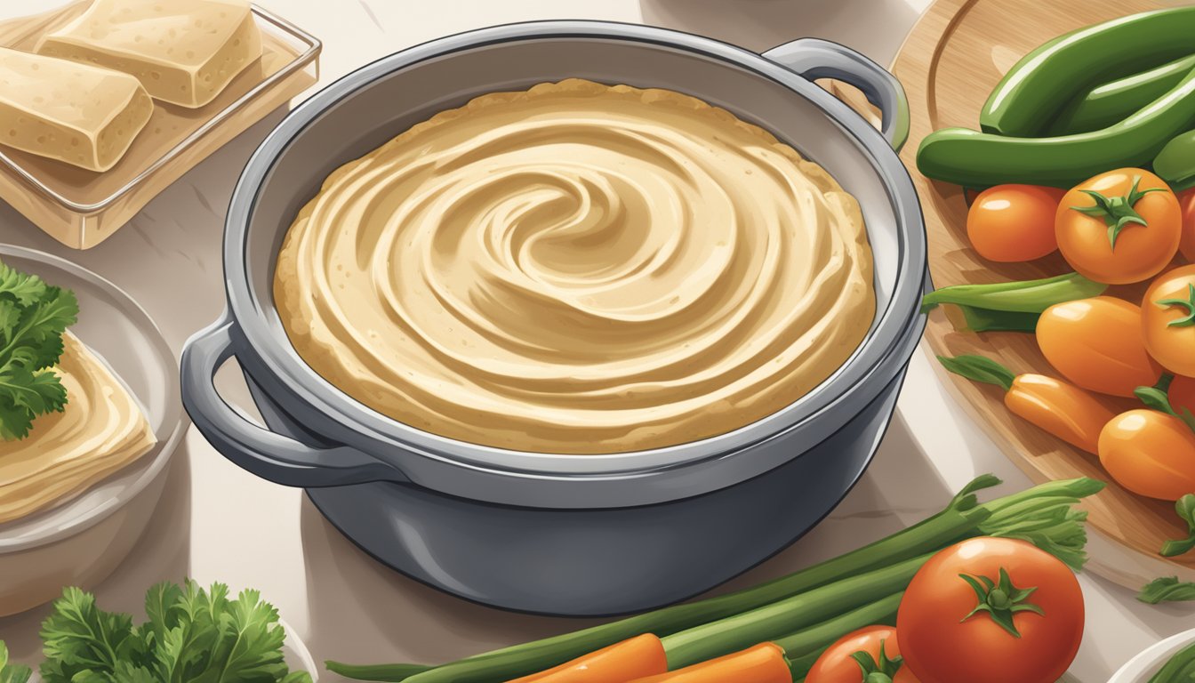 A tub of Sabra Classic Hummus sits unopened on a clean, organized kitchen counter, surrounded by fresh vegetables and pita bread