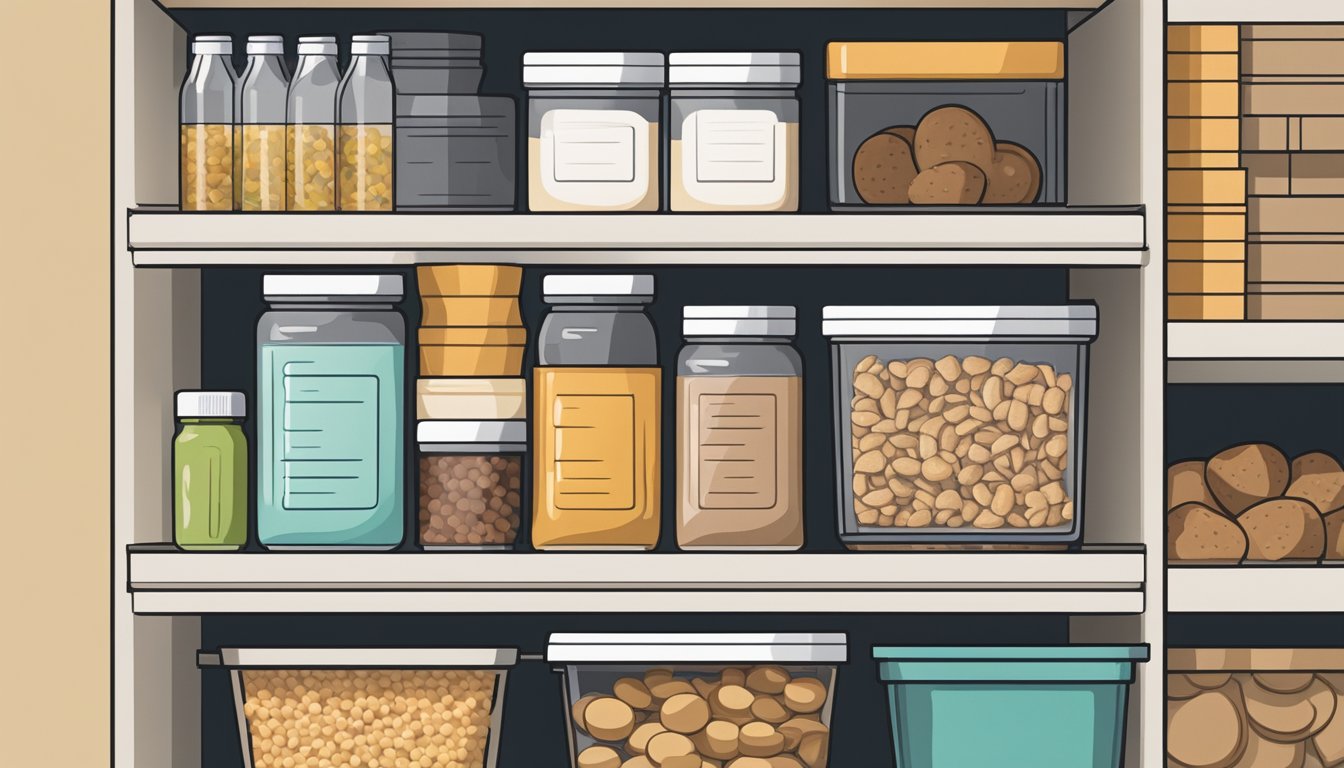 A container of seitan mix sits sealed on a pantry shelf, surrounded by other dry goods