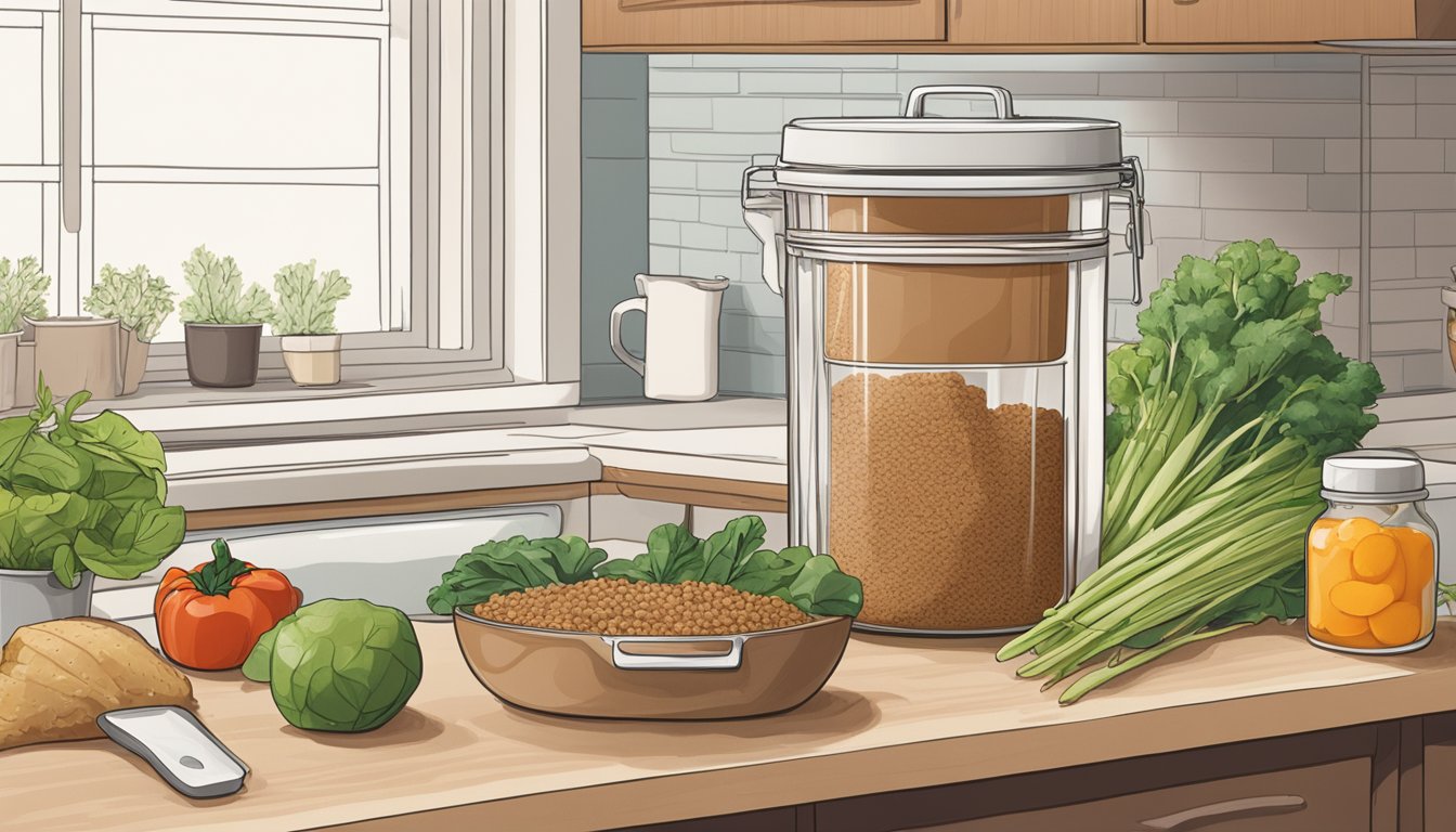 A container of seitan mix sits on a kitchen counter, surrounded by fresh ingredients. A calendar on the wall shows the current date