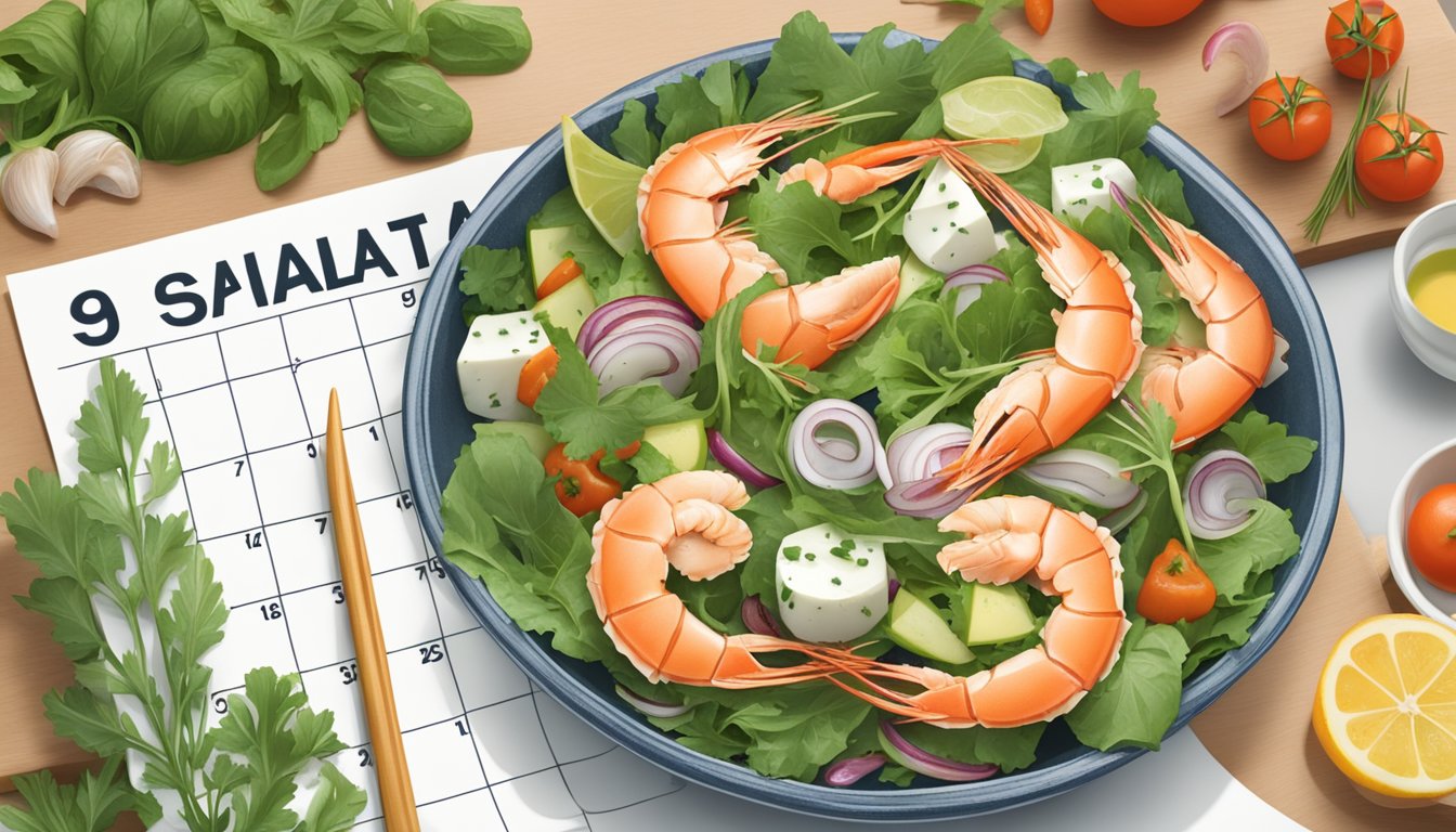 A bowl of seafood salad sits on a table, surrounded by fresh ingredients and a calendar showing the current date