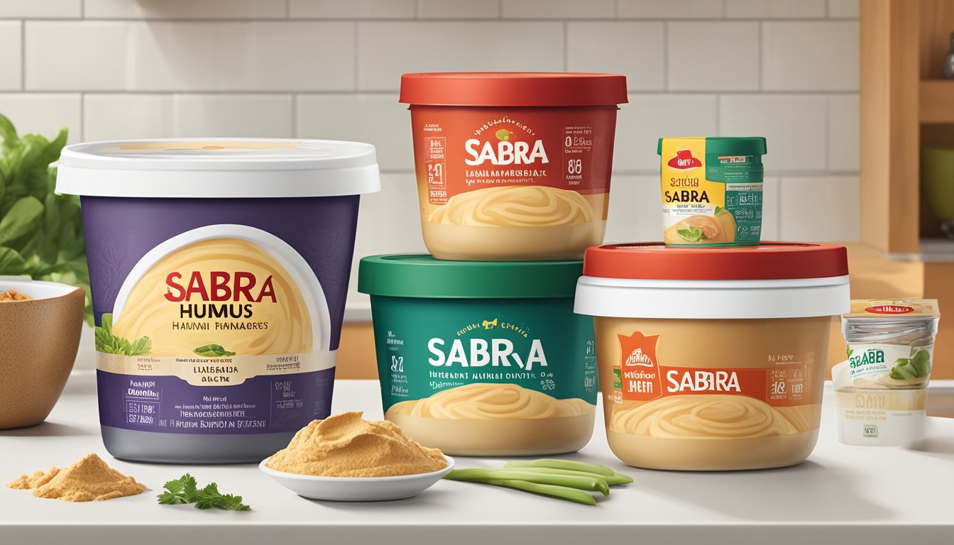 A container of Sabra Classic Hummus sits on a kitchen counter, surrounded by various expiration date labels and a calendar