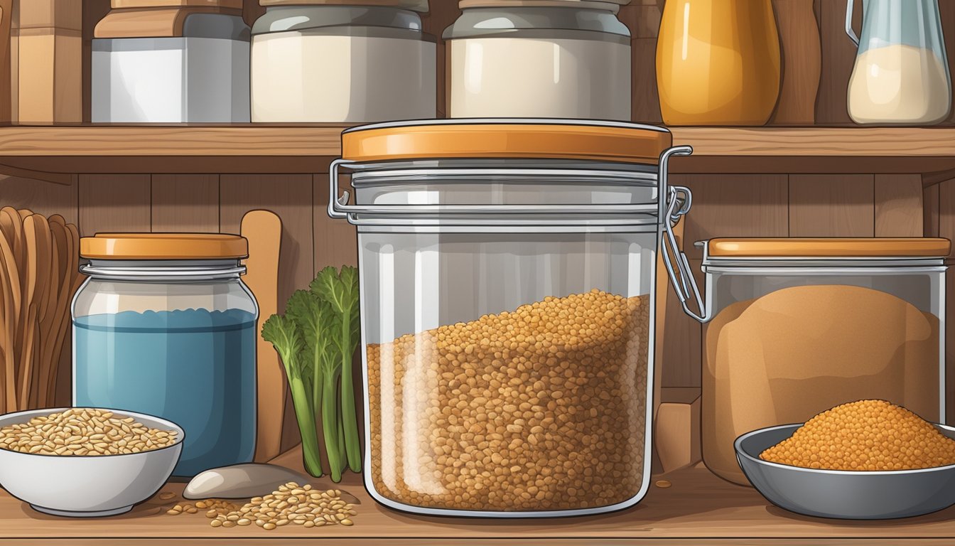 A sealed container of seitan mix on a pantry shelf, surrounded by various whole grains, vegetables, and cooking utensils