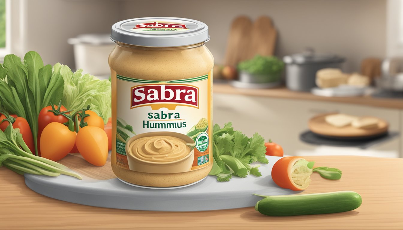 A jar of Sabra Classic Hummus sits on a kitchen counter, surrounded by fresh vegetables and pita bread. The expiration date is clearly visible on the label