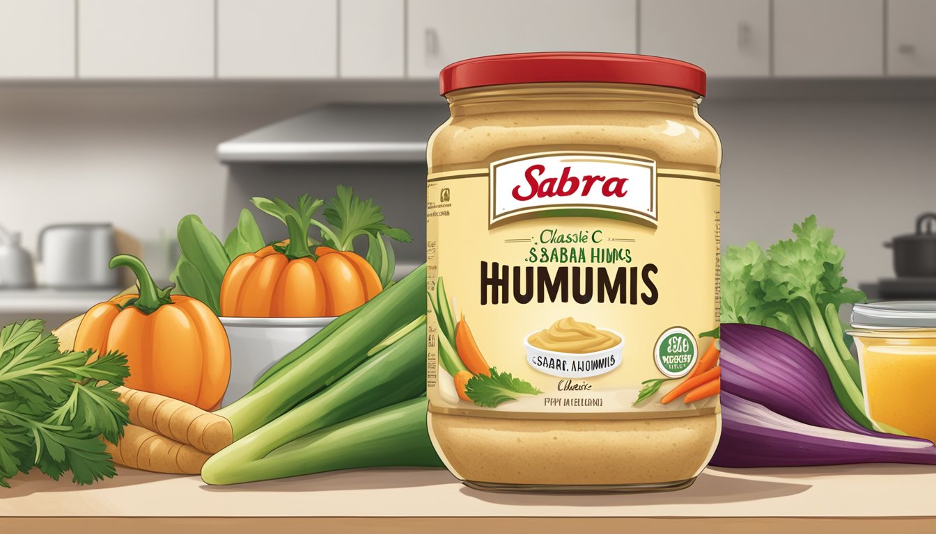 A jar of Sabra Classic Hummus sits unopened on a clean kitchen counter, surrounded by fresh vegetables and pita bread